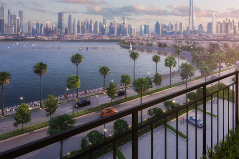 Dubai-Port-de-la-Mer-Wohnung-Apartment-Blick-Balkon-auf-Downtown
